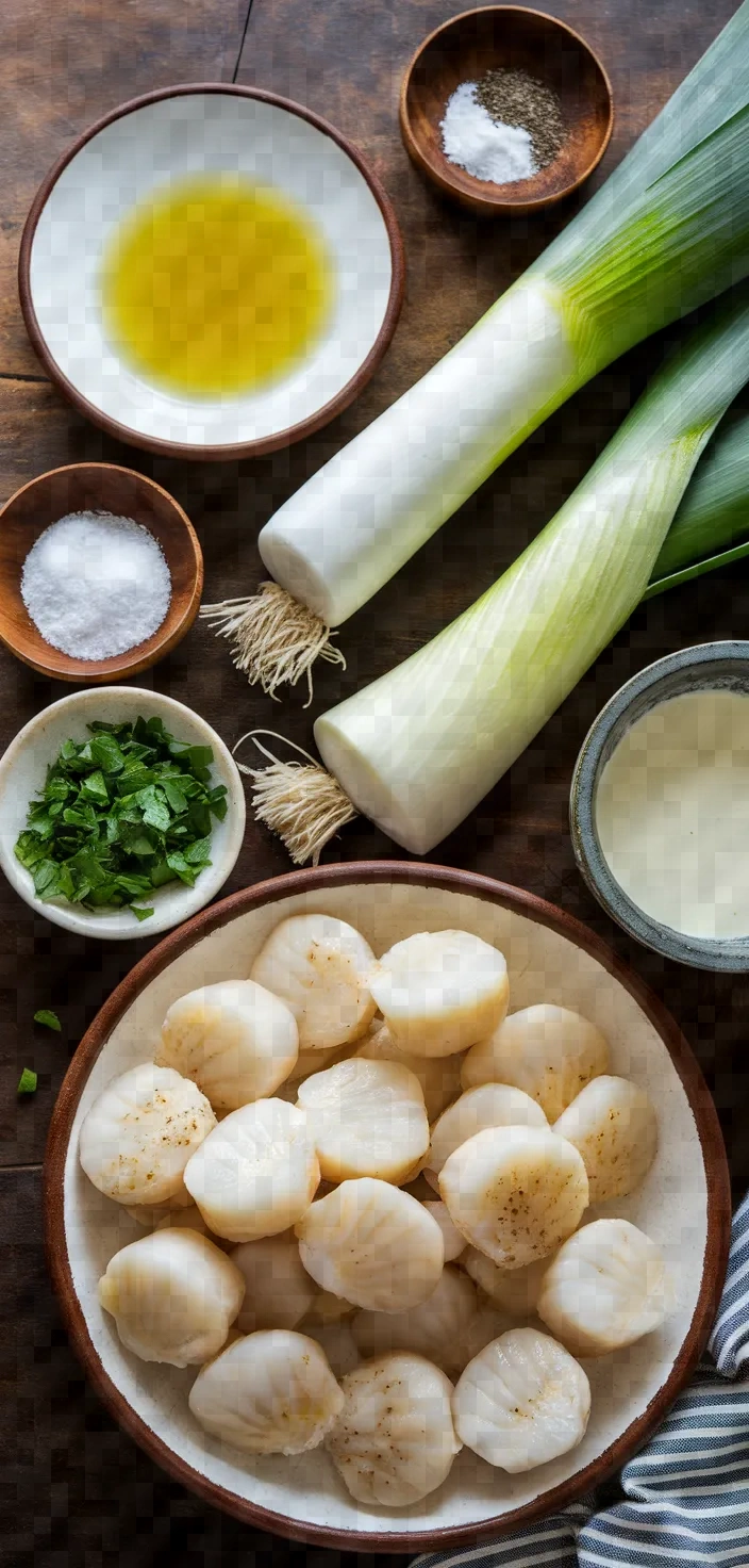 Ingredients photo for Seared Scallops And Leeks In White Wine Recipe