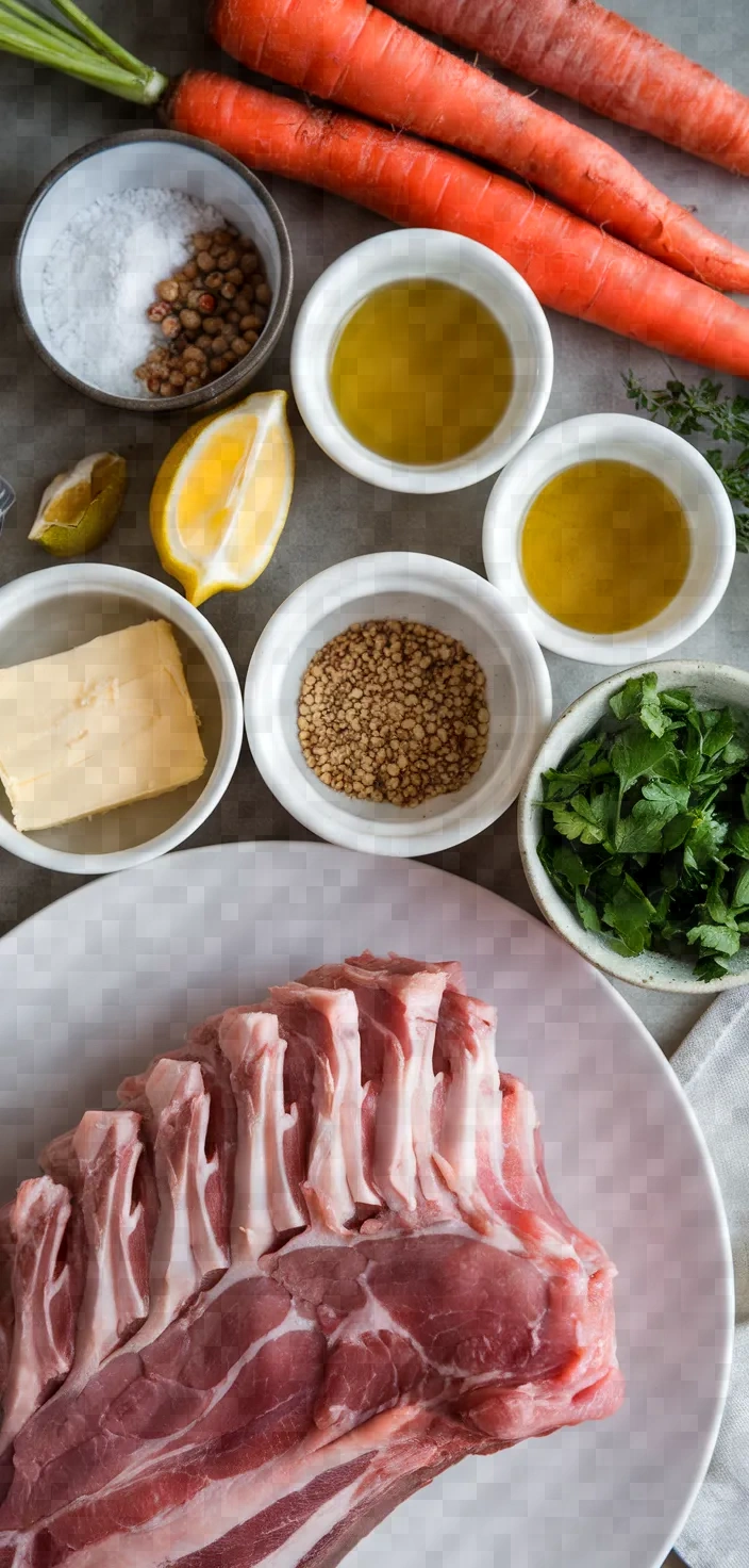 Ingredients photo for Carre De Cochon Iberique Carottes Nouvelles Aux Langoustines Recipe
